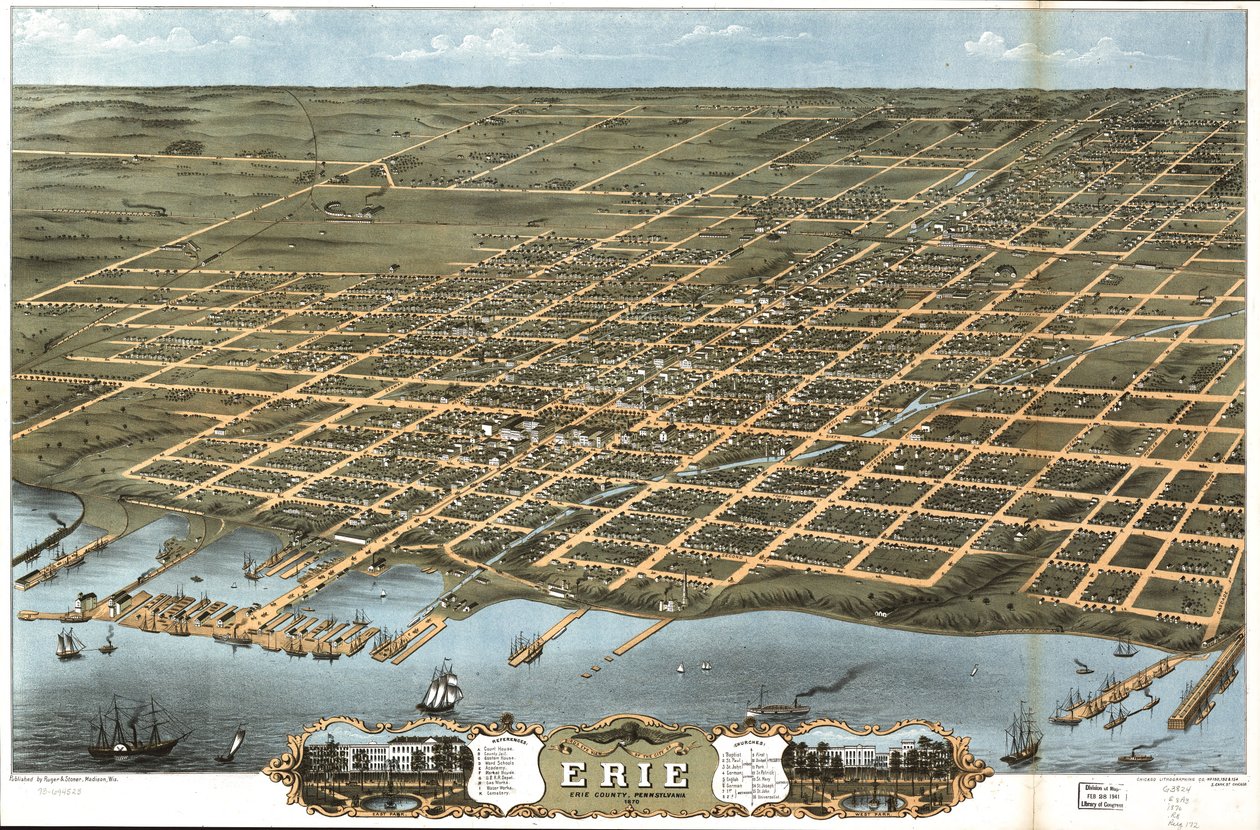 Fugleperspektiv av byen Erie, Erie County, Pennsylvania 1870. av A. Chicago Lithographing Co. Ruger and Stoner Ruger