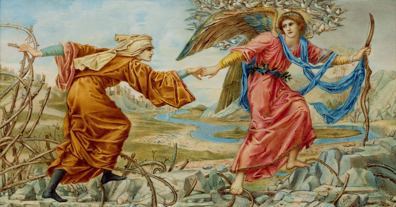Love Leading the Pilgrim etter Sir E. C. Burne-Jones, 1894 (olje på elfenben) av A. Corsi Lalli