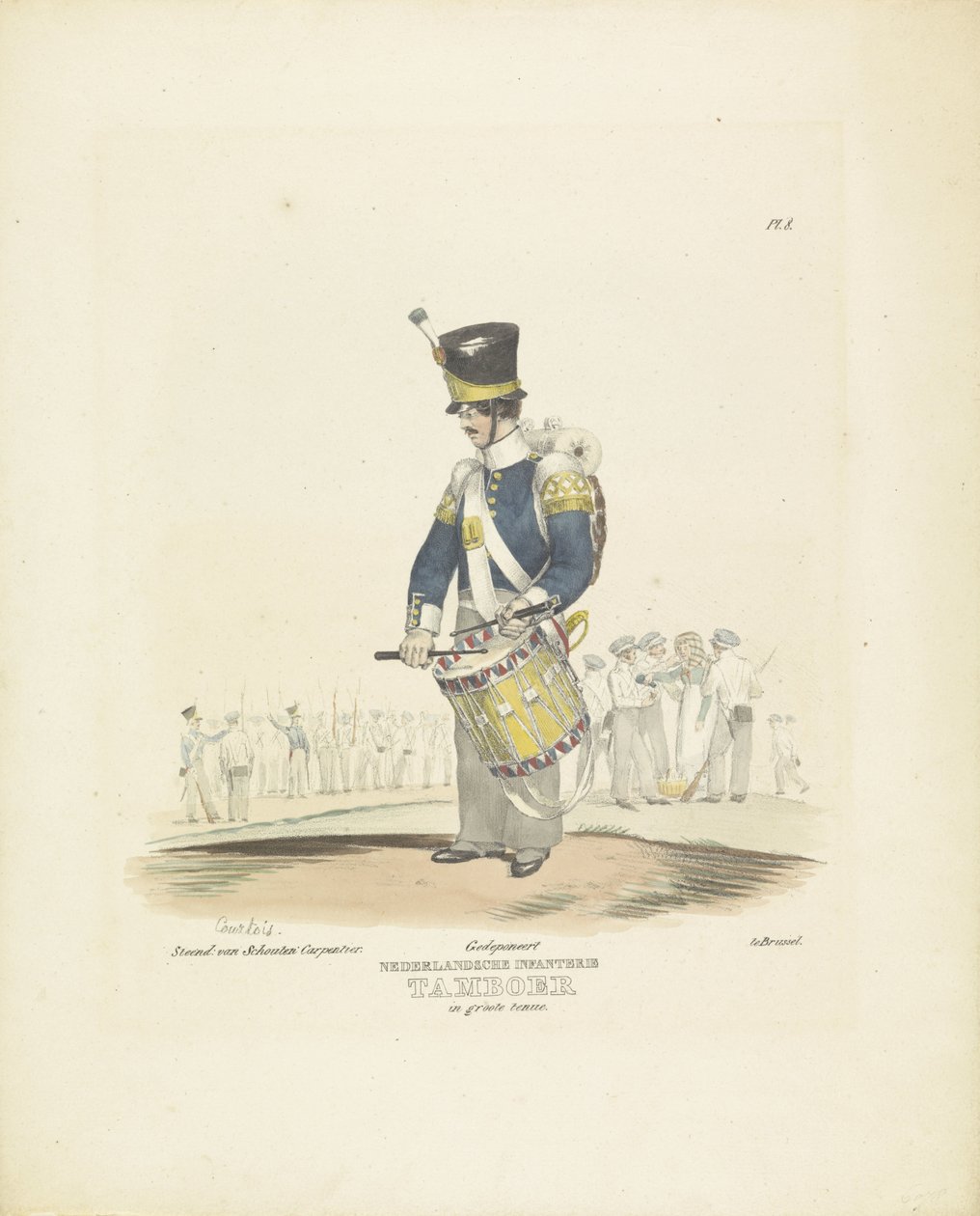 Trommeslager i full uniform Trommeslager i hel kjole, 1820-1825 nederlandsk infanteri. Trommeslager i full uniform (tittel på objekt) Militære kostymer fra kongeriket Nederland. Dedikert til Hans Eksellens Willem van Bylandt (serietittel på objekt av A. Courtois