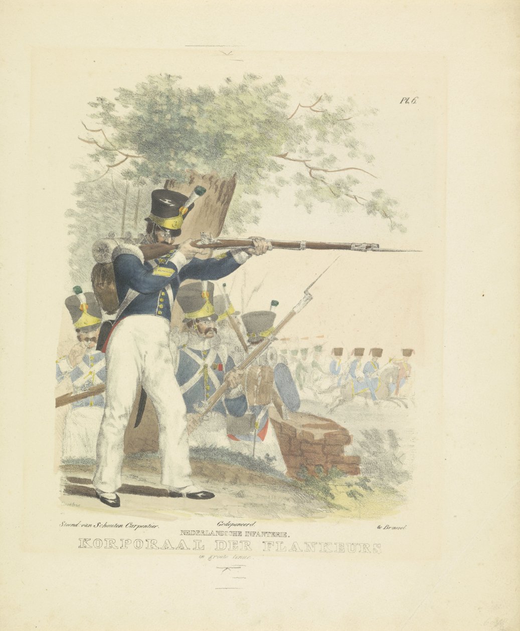 Flankeur i flott uniform, 1820-1825 nederlandsk infanteri. Korporal der Flankeurs i flott uniform (tittel på objekt) Militære kostymer fra kongeriket Nederland. Dedikert til Hans eksellens Willem van Bylandt (serietittel på objekt) av A. Courtois