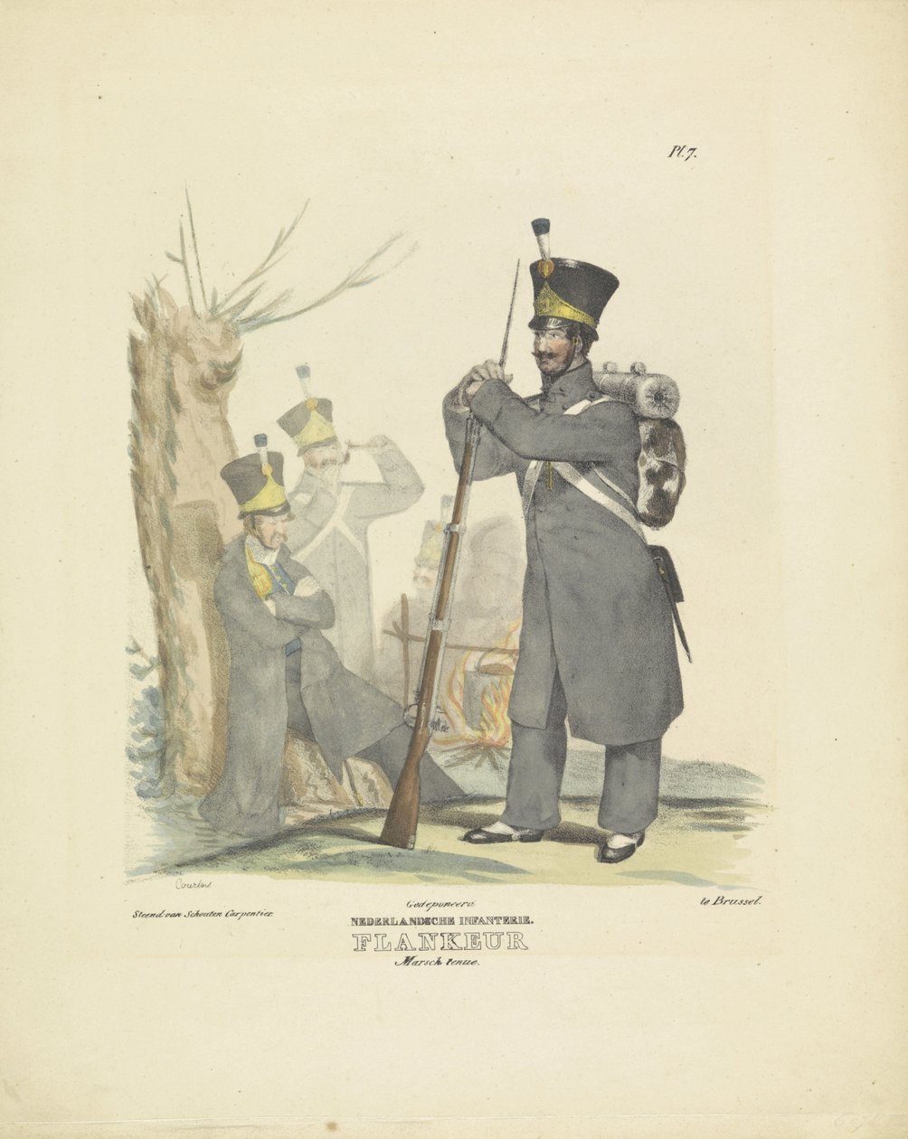 Flanke i marsjdrakt, 1820-1825 nederlandsk infanteri. Flankeur Marsch-uniform (tittel på objekt) Militære kostymer fra kongeriket Nederland. Dedikert til Hans eksellens Willem van Bylandt (serietittel på objekt) av A. Courtois