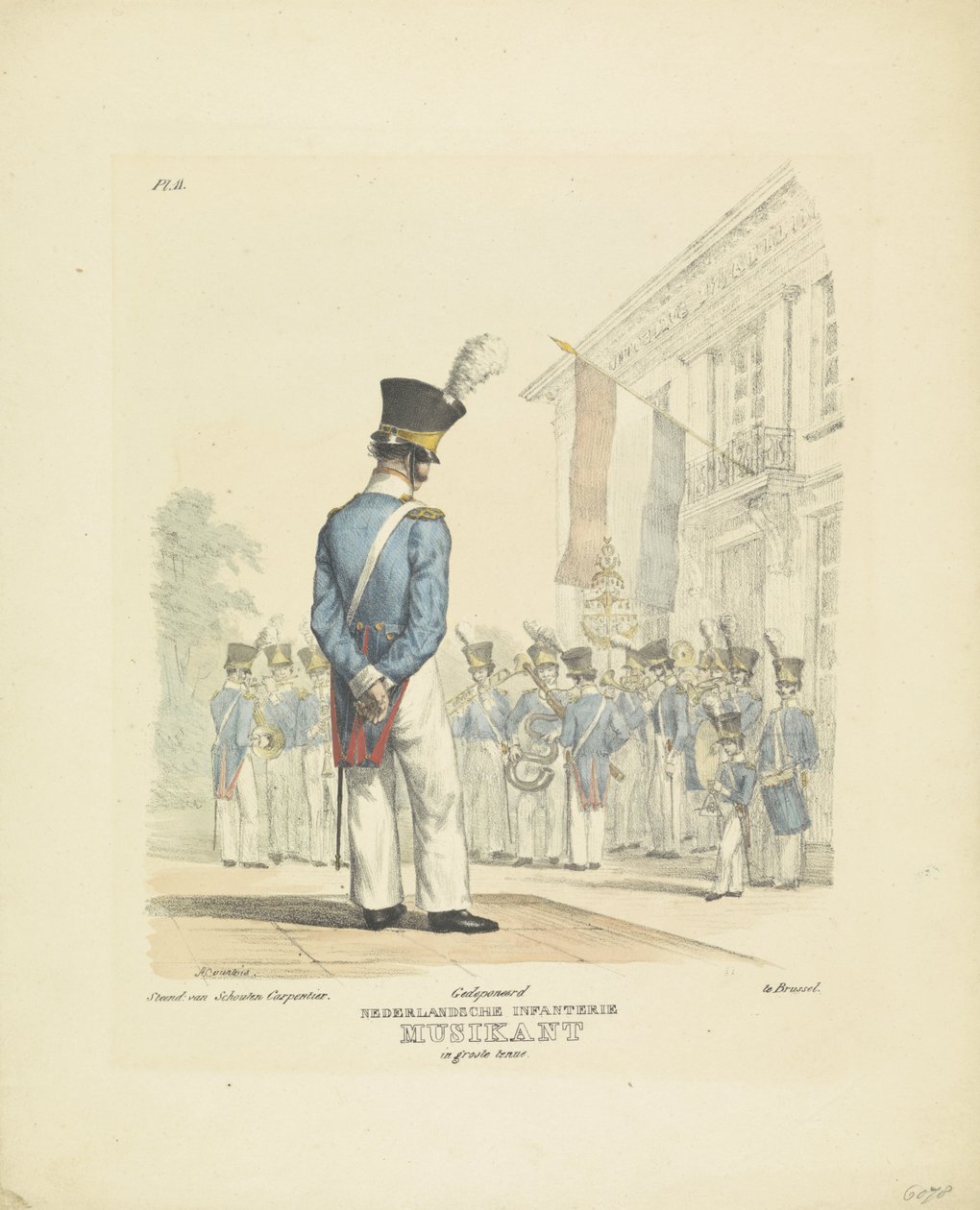 Musiker i full uniform Musiker i full kjole, 1820-1825 Nederlandsche Infanterie Musikant i flott uniform (tittel på objekt) Militære kostymer fra kongeriket Nederland. Dedikert til Hans eksellens Willem van Bylandt (serietittel på obj av A. Courtois
