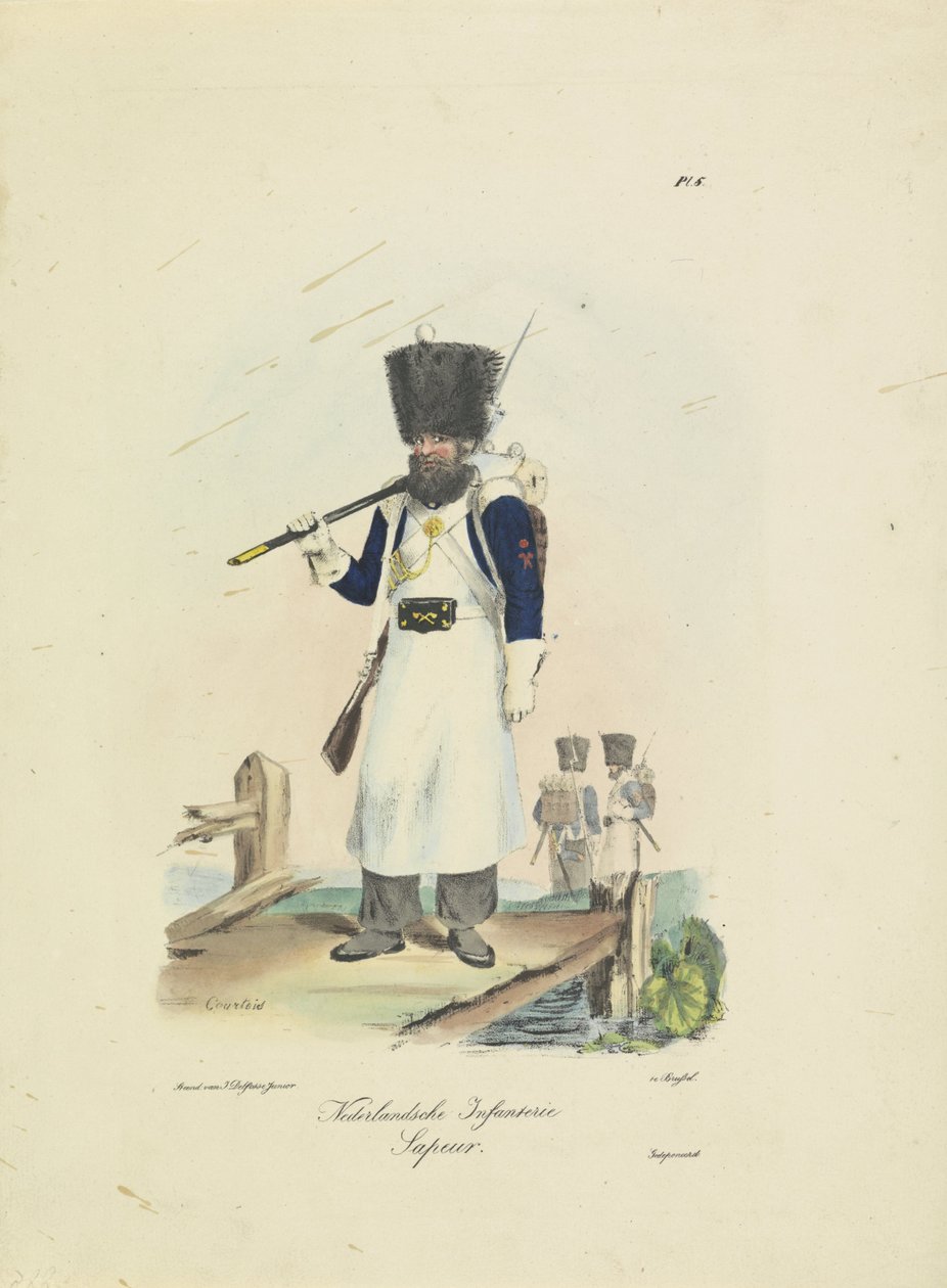 Sappeur, 1820-1825 nederlandsk infanteri. sapeur (tittel på objekt) Militære kostymer fra kongeriket Nederland. Dedikert til Hans eksellens Willem van Bylandt (serietittel på objekt) av A. Courtois