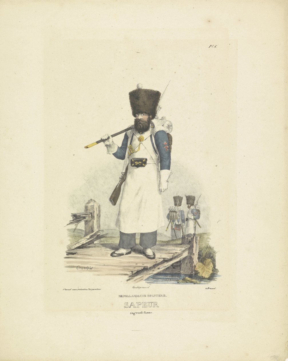 Sappeur i stor uniform, 1820-1825 nederlandsk infanteri. Sapeur i stort antrekk (tittel på objekt) Militære kostymer fra kongeriket Nederland. Dedikert til Hans eksellens Willem van Bylandt (serietittel på objekt) av A. Courtois