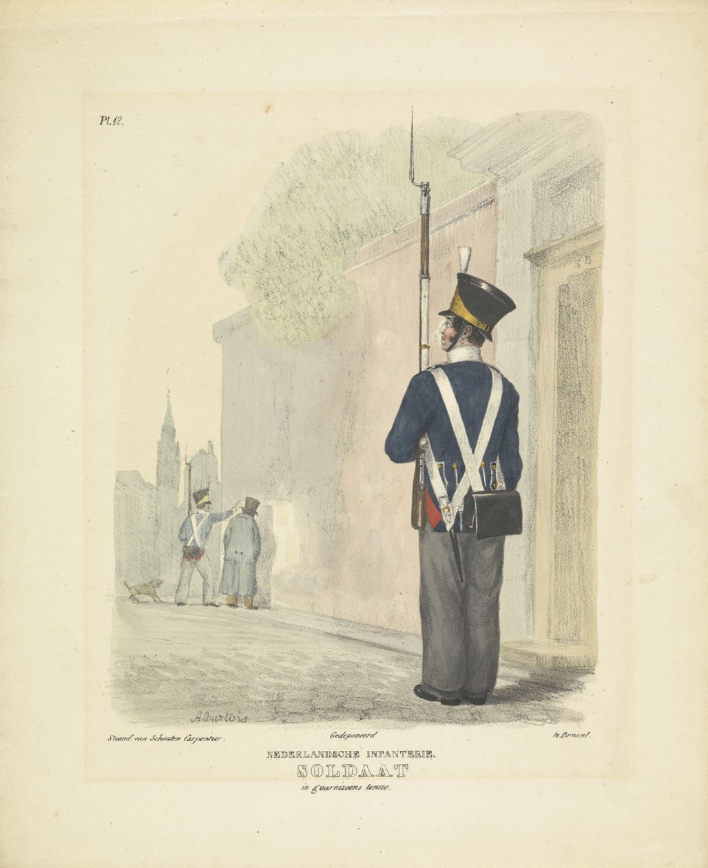 Soldat i garnisondrakt, 1820-1825 nederlandsk infanteri. Soldat i geriljauniform (tittel på objekt) Militære kostymer fra kongeriket Nederland. Dedikert til Hans eksellens Willem van Bylandt (serietittel på objekt) av A. Courtois