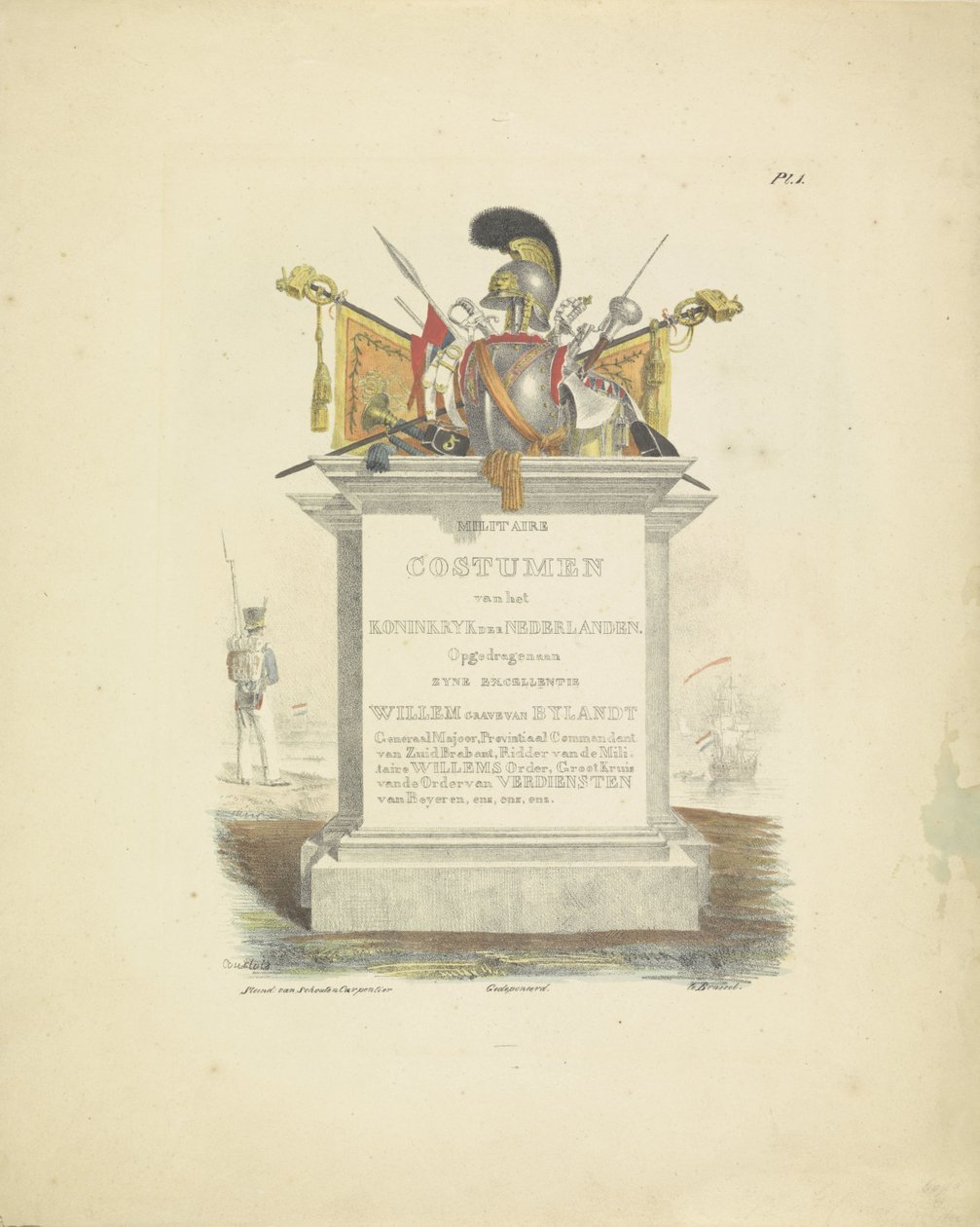 Titteltrykk for serien med uniformer fra kongeriket Nederland, 1820-1825 Militære kostymer fra kongeriket Nederland. Dedikert til Hans eksellens Willem van Bylandt (serietittel på objekt) av A. Courtois