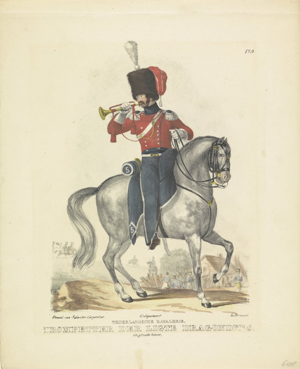 Trompetist i full uniform Trompetist i flott uniform, 1820-1825 nederlandsk kavaleri. Trompetisten av Ligte Dragoons. i full uniform (tittel på objekt) Militære kostymer fra kongeriket Nederland. Dedikert til hans eksellens William av B av A. Courtois