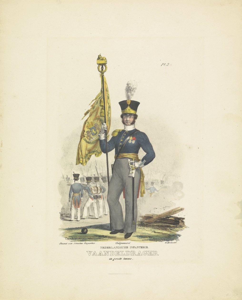 Fanebærer i full uniform, 1820-1825 nederlandsk infanteri. Fanebærer i stor uniform (tittel på gjenstand) Militære kostymer fra kongeriket Nederland. Dedikert til Hans eksellens Willem van Bylandt (serietittel på objekt) av A. Courtois
