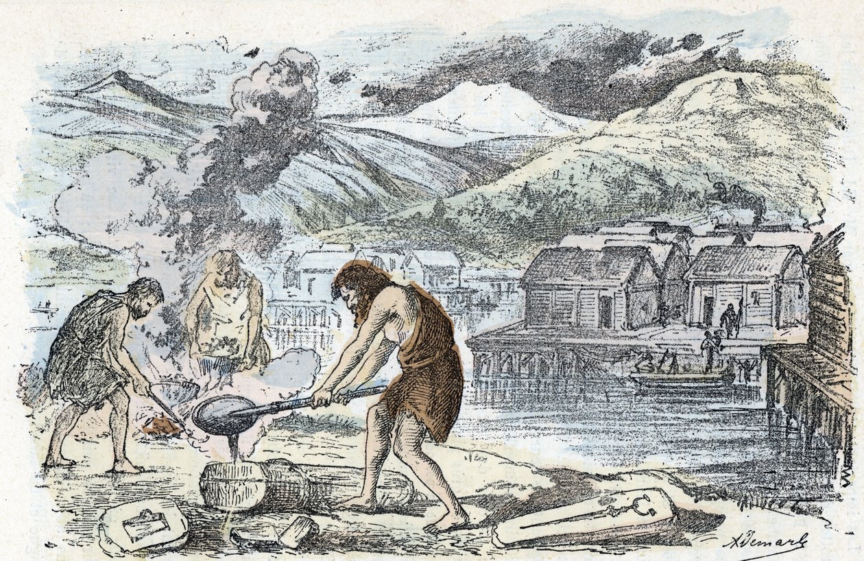 Forhistorie, bronsealder: støperiverksted nær en bosetning med styltehus Gravering fra "" La nature et l'homme" av Rengade 1881 Privat samling av A. Demarle