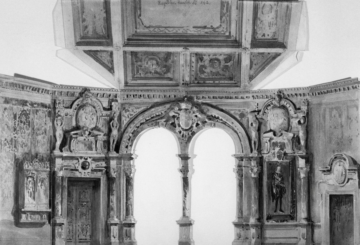 Scenografi for Ruy Blas (1838) av Victor Hugo (1802-85), gjenoppliving ved Comedie Francaise i 1879 (wc på papir) av A. Devred