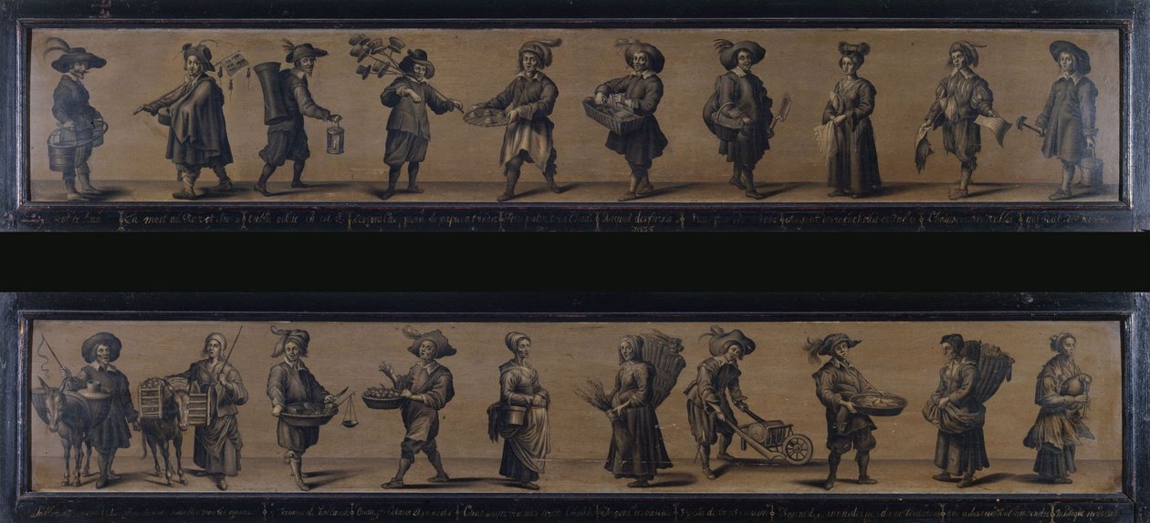 Les Cris de Paris, i 1634 (olje på tre) av A. Doy