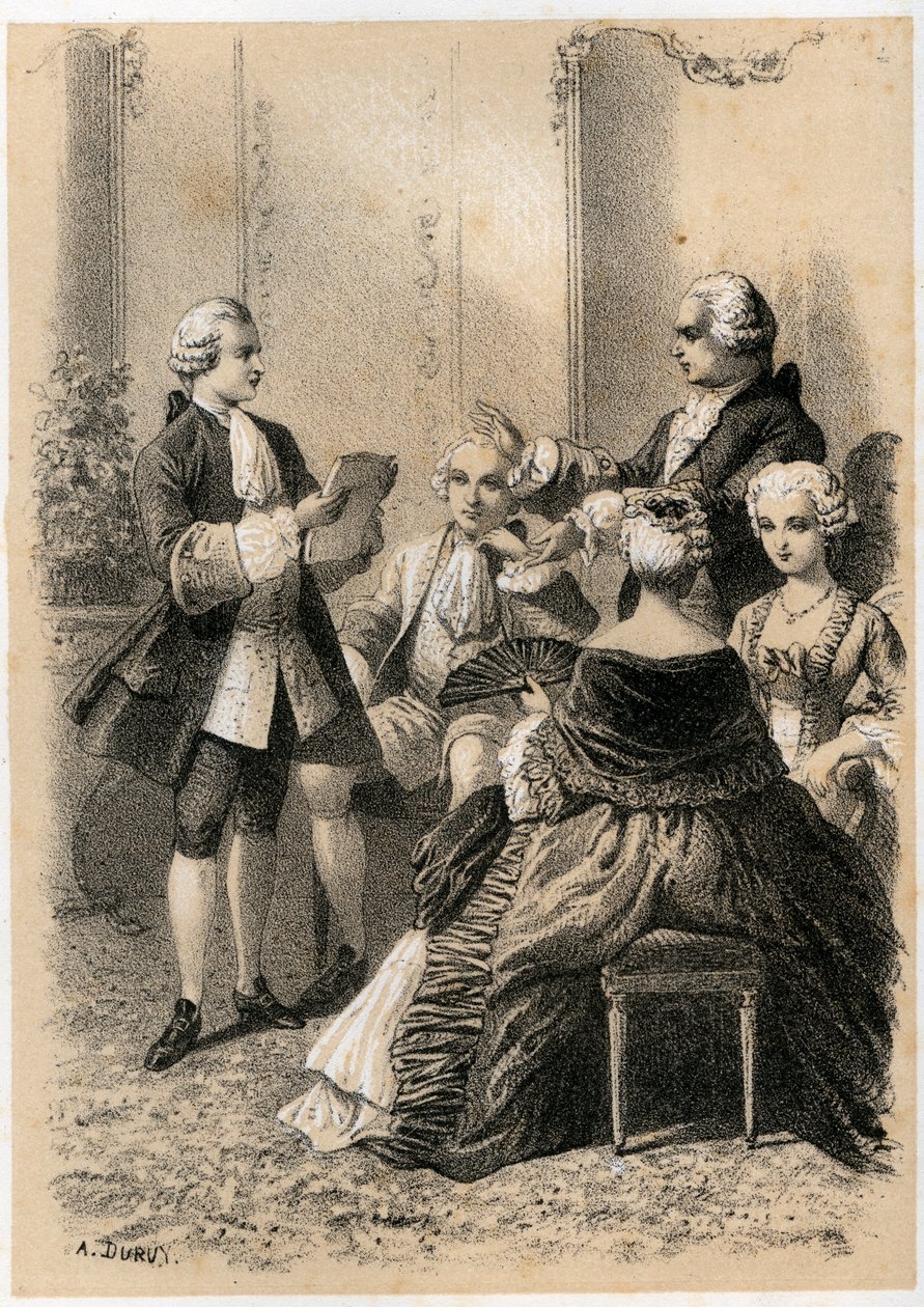 Antoine-Marin Lemierre leser Hypermnestra til Jean-Baptiste Vivien de Chateaubrun, illustrasjon fra 