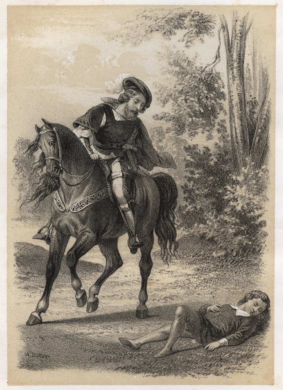 Jacques Amyot (1513-1593), reddet, i en alder av 10 av en reisende. Gravering av A. Duruy i "" litterære illustrasjoner av Frankrike; gull, anekdotisk galleri av våre hovedforfattere som er interessert i deres handlinger og deres inskripsjoner””  av A. Duruy