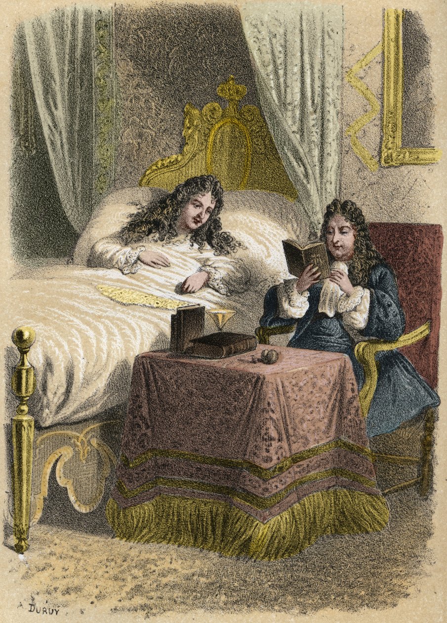 Ludvig XIV, konge av Frankrike likte å høre Jean Racine lese og hentet ham inn da han var syk. Gravering av A. Duruy i "" litterære illustrasjoner av Frankrike; gull, anekdotisk galleri av våre hovedforfattere interessert i deres handlinger og de av A. Duruy