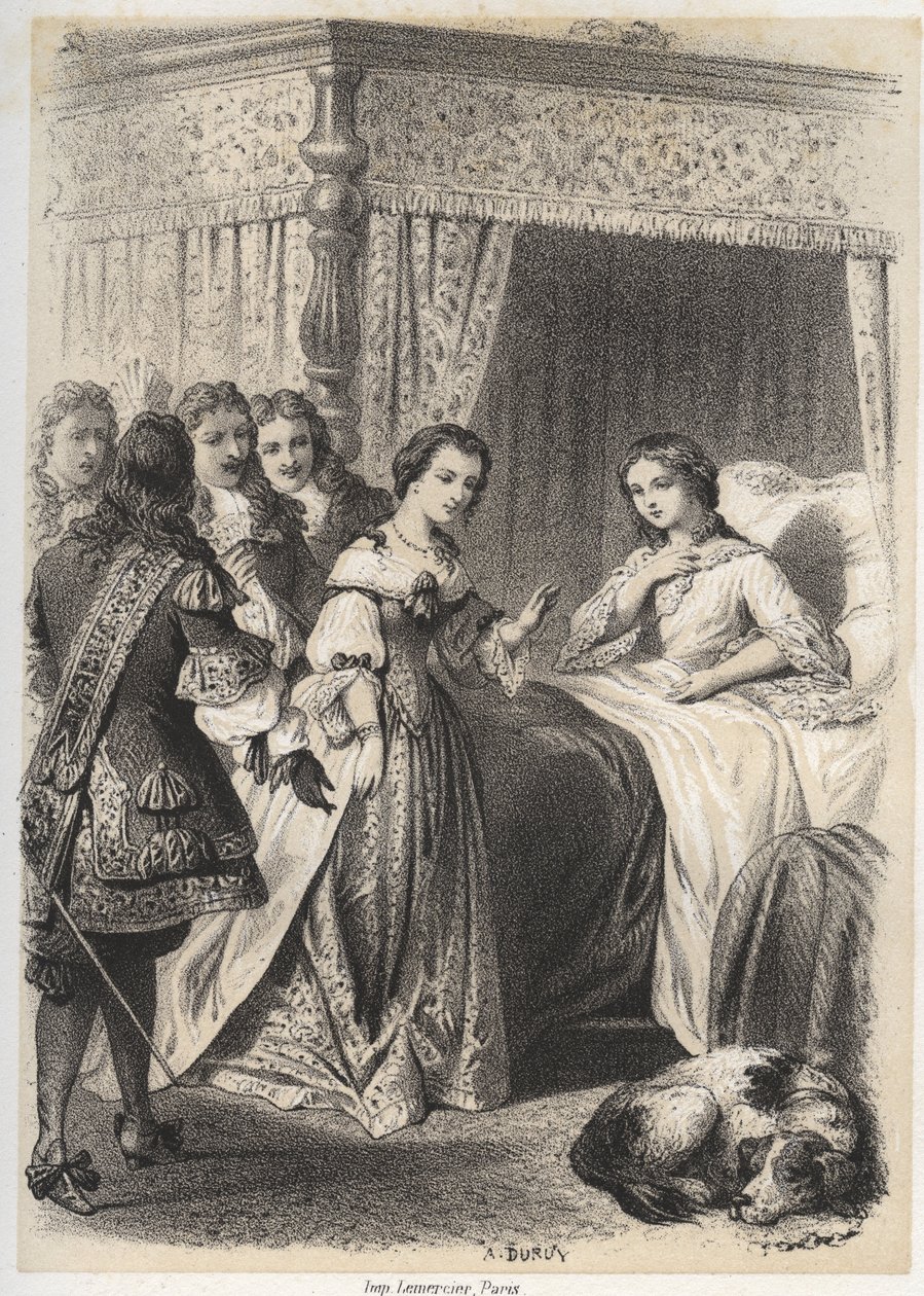 Madame Deshoulieres, Antoinette Ligier de La garde (1637-1694) overveldet av spørsmål fra følget hennes etter en natt tilbrakt med frykten for spøkelsen. Gravering av A. Duruy i "" Illustrasjoner litteraires de la France; eller, Galerie anecdotique de nos  av A. Duruy