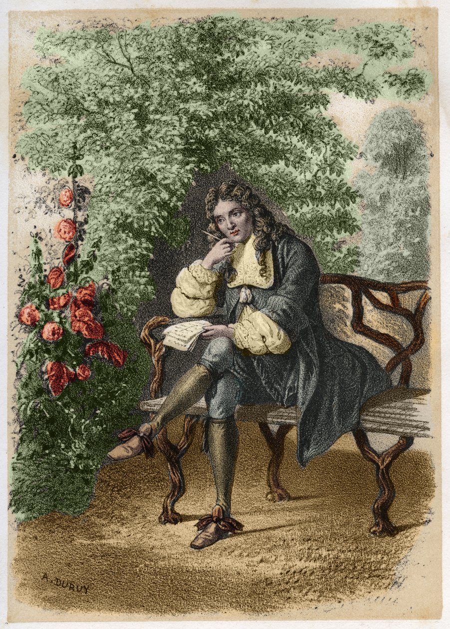 Portrett av Nicolas Boileau (1636-1711) dit Boileau-Despreaux (Boileau Despreaux), en fransk forfatter i huset hans i Auteuil. Gravering av A. Duruy i "" litterære illustrasjoner av Frankrike; eller, anekdotisk galleri av våre hovedforfattere int av A. Duruy