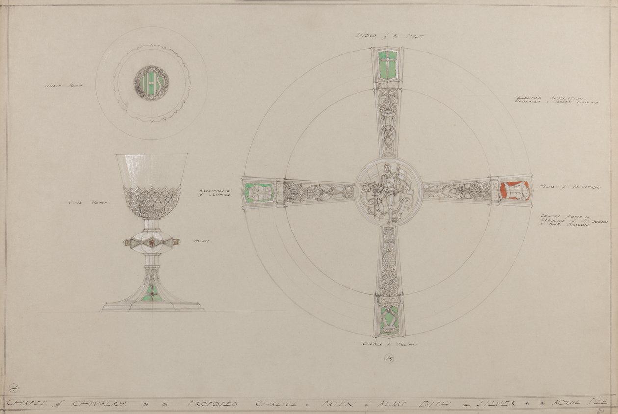 Chapel of Chivalry: foreslått kalk-, paten- og almisseskål (blyant, blekk, pensel, wc og sølvmaling på grått kort) av A. Edward Jones and Co.