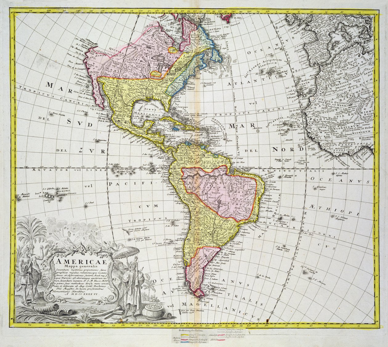 Kart over Amerika, utgitt av Homann, 1746 (fargegravering) av A. Gottlieb Boehm