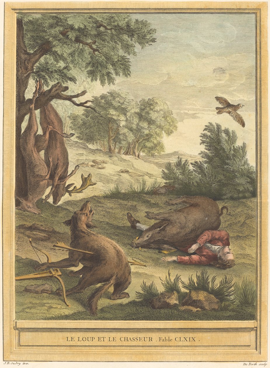 Ulven og jegeren av A. J. de Fehrt after Jean Baptiste Oudry