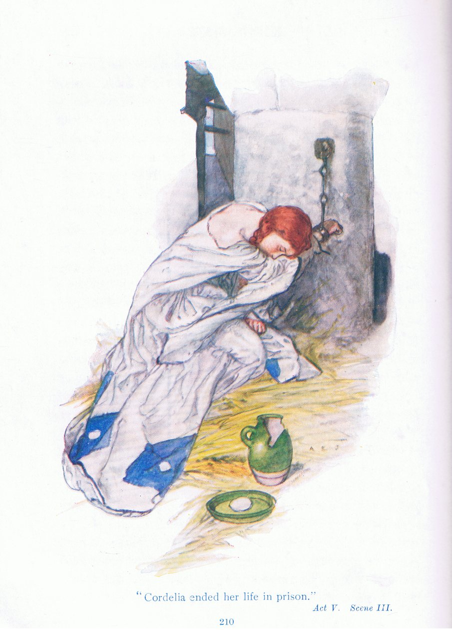 Cordelia endte livet i fengsel (King Lear), fra Tales from Shakespeare pub. av Ward Lock & Co Ltd av A. Jackson