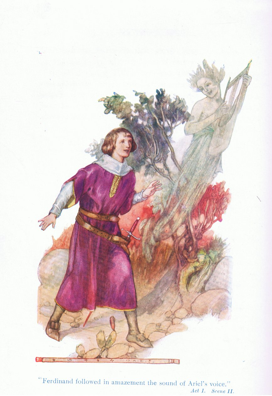 Ferdinand fulgte forbauset lyden av Ariels stemme (The Tempest), fra Tales from Shakespeare pub. av Ward Lock & Co Ltd av A. Jackson