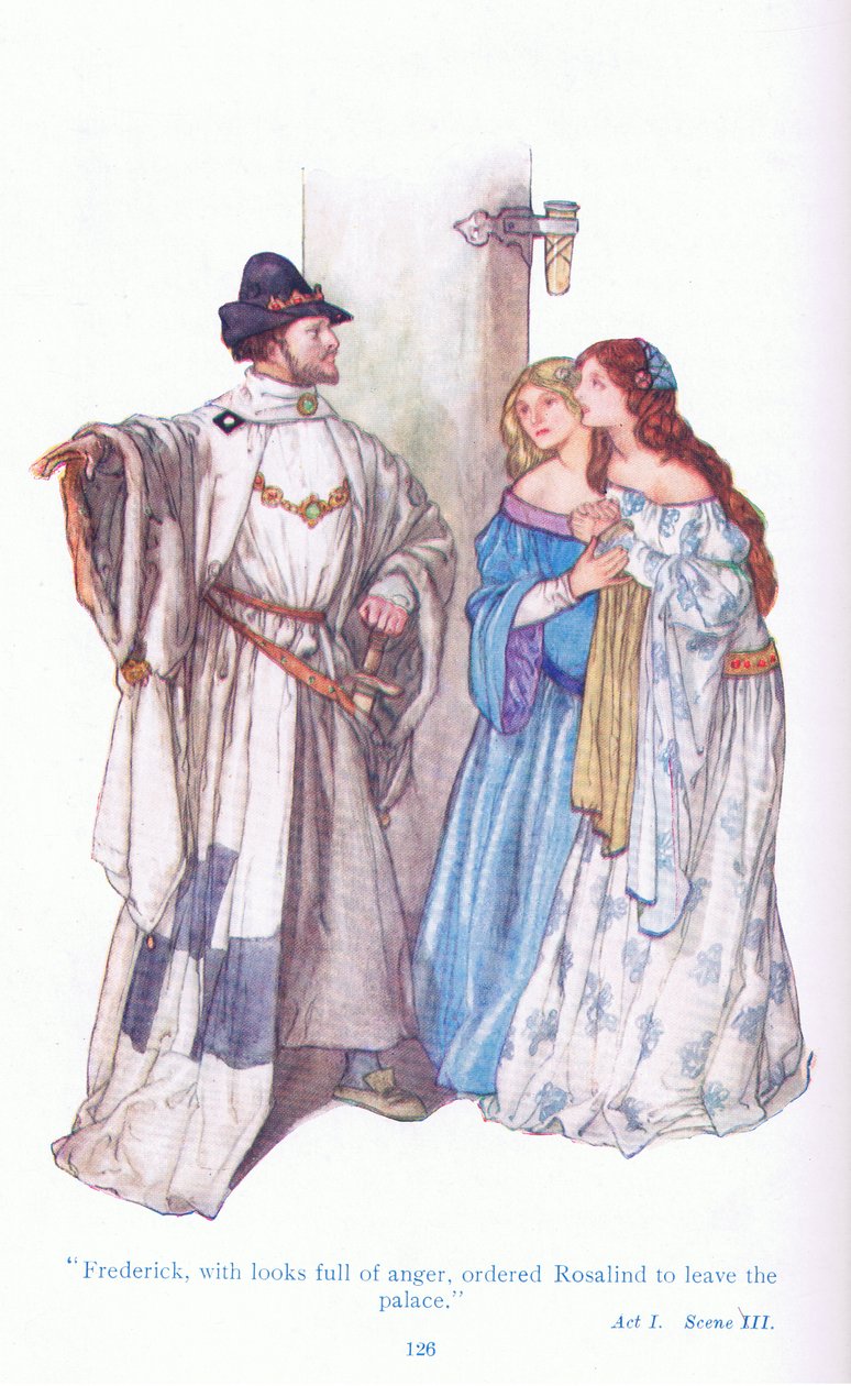 Frederick med sinne blikk beordret Rosalind til å forlate palasset (As You Like It), fra Tales from Shakespeare pub. av Ward Lock & Co Ltd av A. Jackson