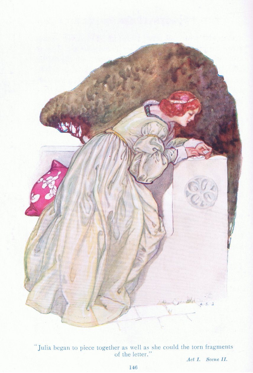 Julia begynte å sette sammen så godt hun kunne de revne fragmentene av brevet (Two Gentlemen of Verona), fra Tales from Shakespeare pub. av Ward Lock & Co Ltd av A. Jackson