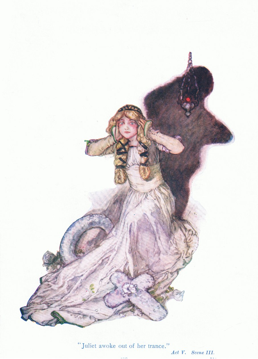 Juliet våknet ut av atrance (Romeo og Julie), fra Tales from Shakespeare pub. av Ward Lock & Co Ltd av A. Jackson