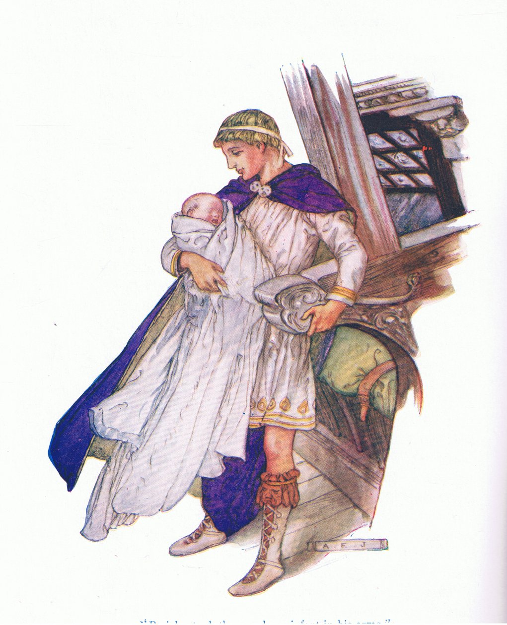 Pericles tok det nyfødte spedbarnet i armene (Pericles Prince of Tyre), fra Tales fra Shakespeare pub. av Ward Lock & Co Ltd av A. Jackson