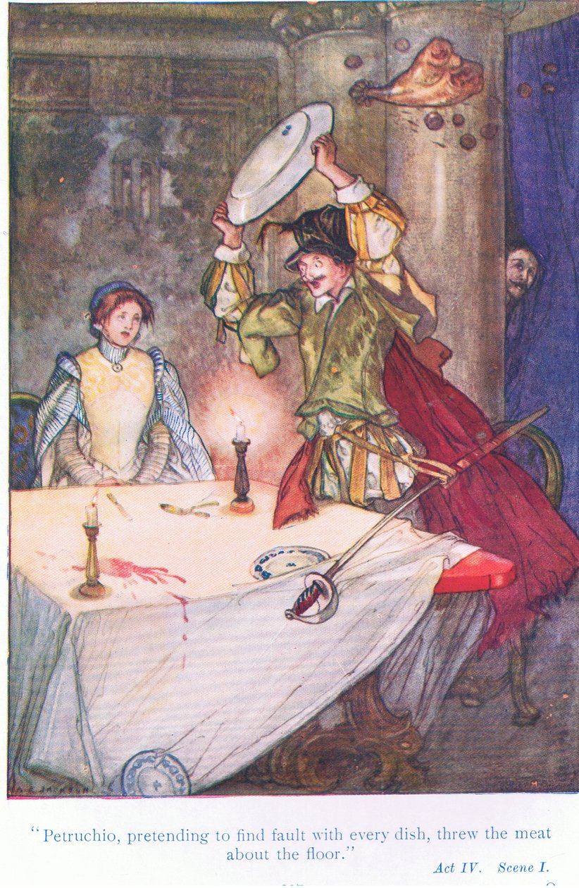 Petruchio, som lot som han fant feil med hver rett, kastet kjøttet på gulvet (The Taming of the Shrew), fra Tales from Shakespeare pub. av Ward Lock & Co Ltd av A. Jackson