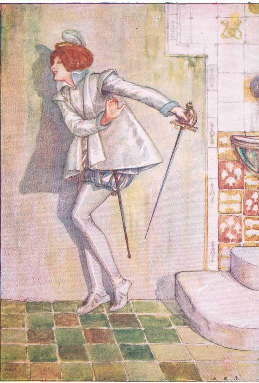 Stakkars Viola var redd for å se på sverdet hennes (Twelfth Night), fra Tales from Shakespeare pub. av Ward Lock & Co Ltd av A. Jackson