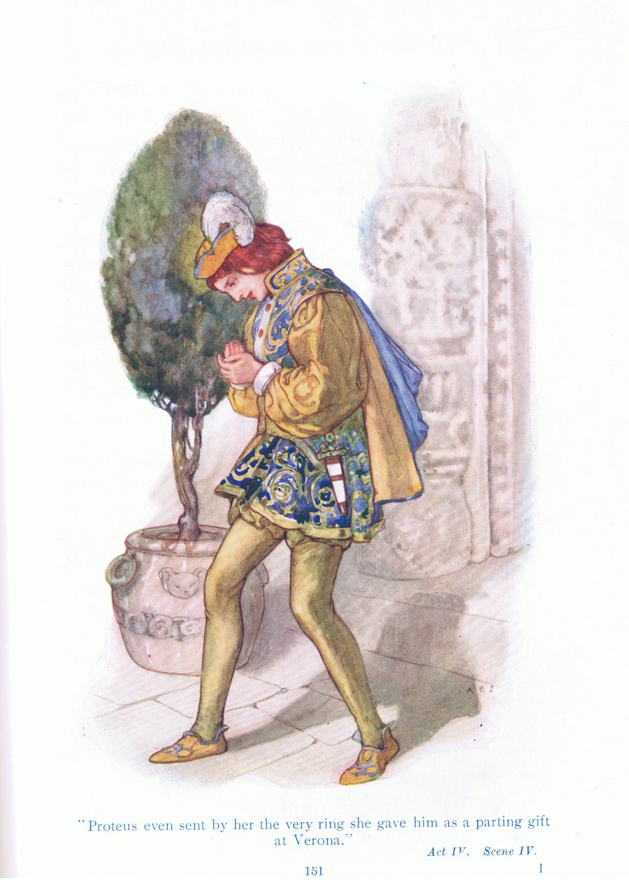 Proteus sendte til og med av henne selve ringen hun ga ham som en avskjedsgave i Verona (Two Gentlemen of Verona), fra Tales from Shakespeare pub. av Ward Lock & Co Ltd av A. Jackson