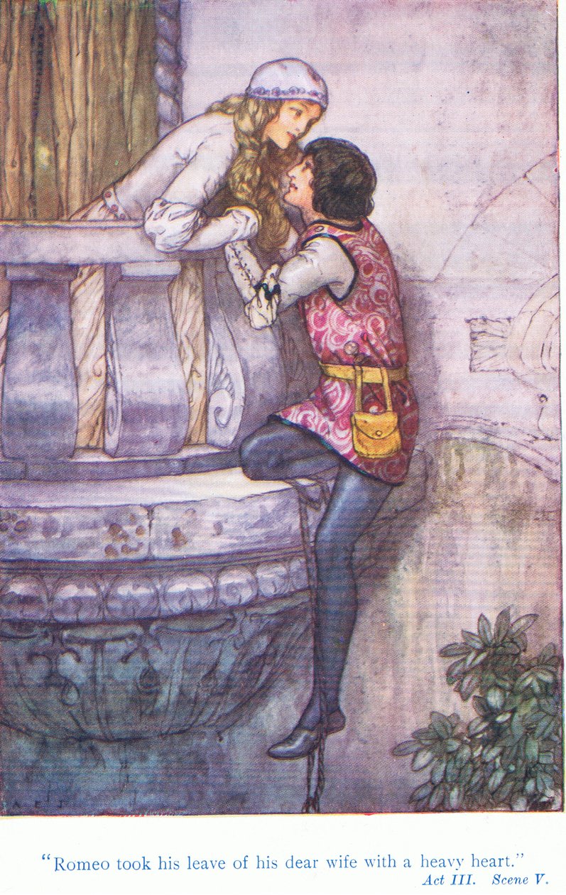 Romeo tok avskjed med sin kjære kone med tungt hjerte (Romeo og Julie), fra Tales from Shakespeare pub. av Ward Lock & Co Ltd av A. Jackson