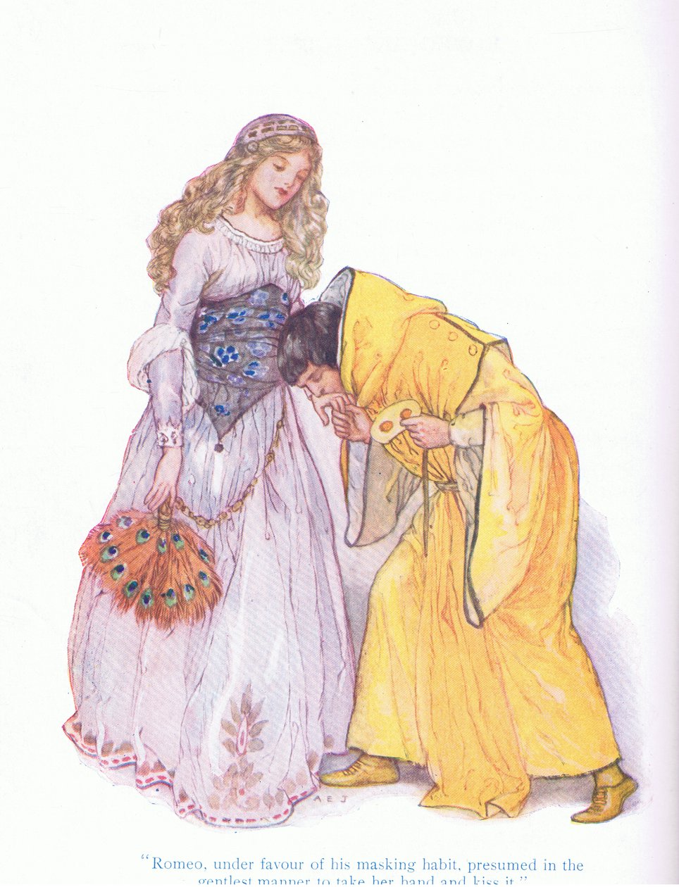 Romeo under fordel av maskeringsvanen hans, antas på den mildeste måten å ta hånden hennes og kysse den (Romeo og Julie), fra Tales from Shakespeare pub. av Ward Lock & Co Ltd av A. Jackson