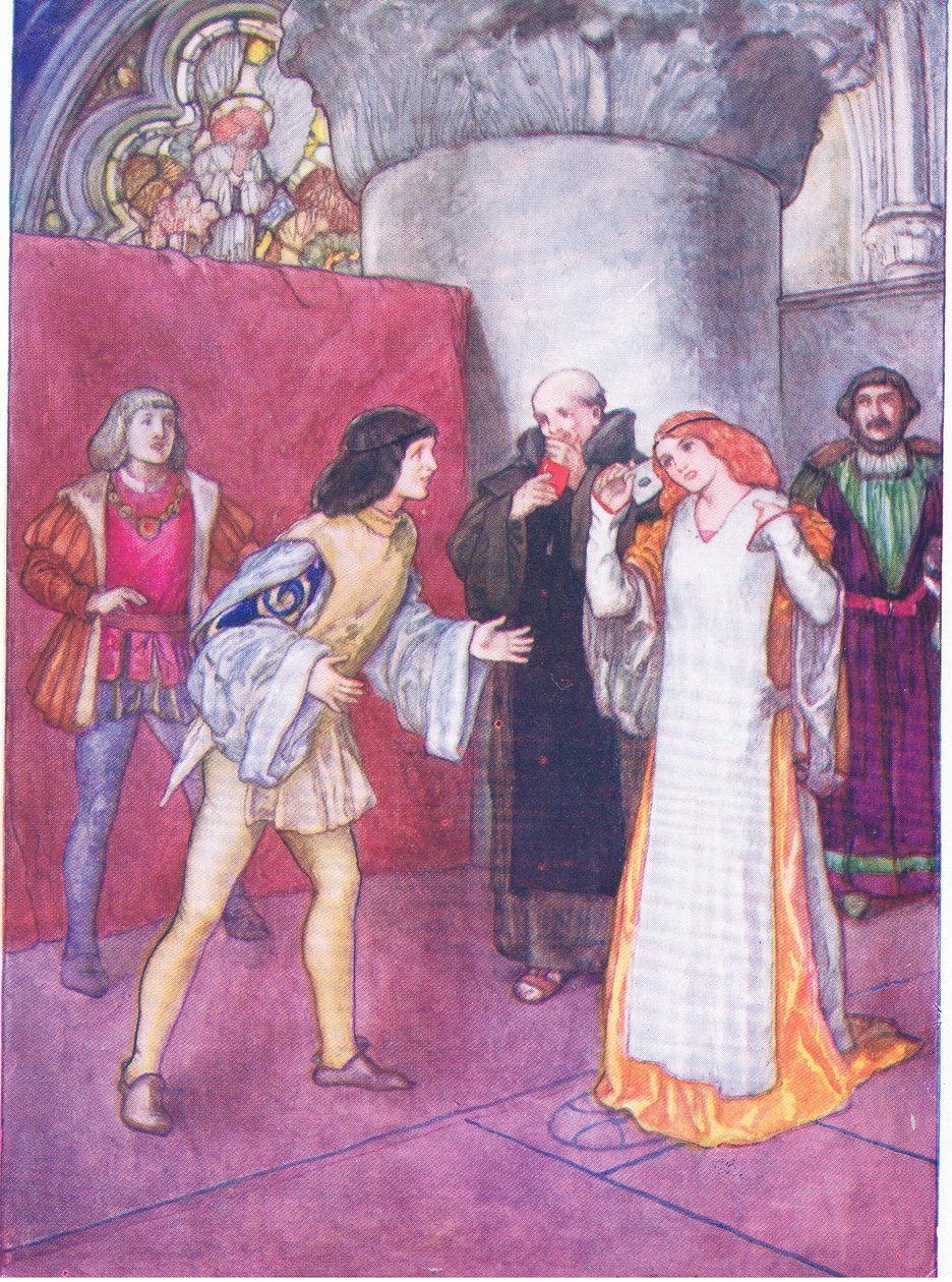 Den ukjente damen tok av seg masken og viste seg ikke å være noen niese (som ble presentert) av damehelten selv (Much Ado About Nothing), fra Tales from Shakespeare pub. av Ward Lock & Co Ltd av A. Jackson