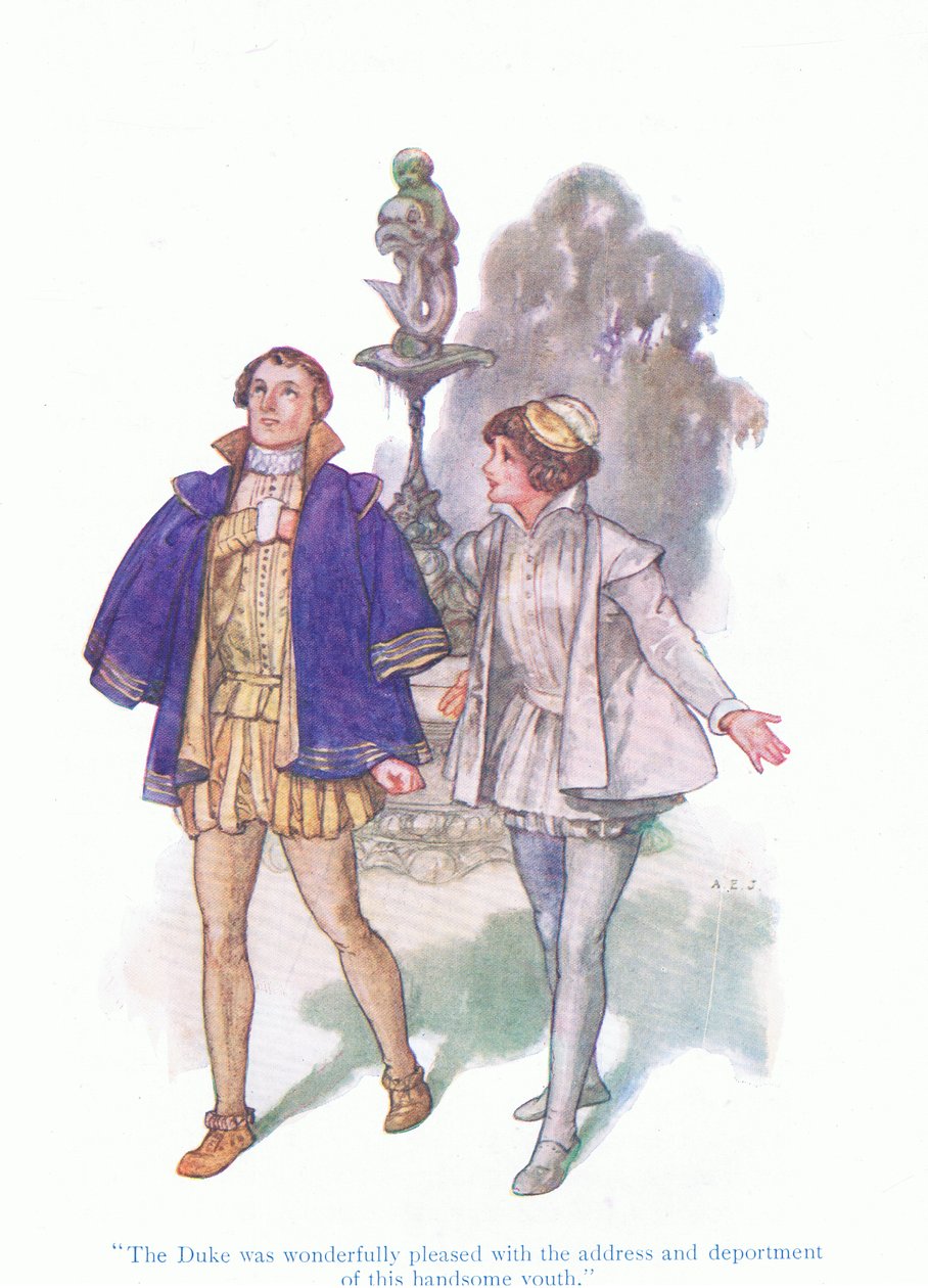 Hertugen var fantastisk fornøyd med adressen og deporteringen til denne kjekke ungdommen (Twelth Night), fra Tales from Shakespeare pub. av Ward Lock & Co Ltd av A. Jackson