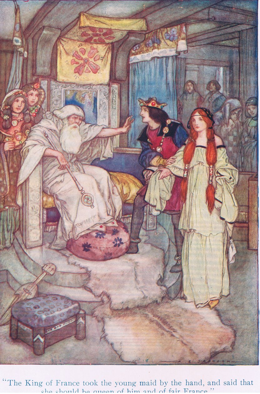 Kongen av Frankrike tok den unge hushjelpen i hånden og sa at hun skulle være dronning av ham og det vakre Frankrike (Kong Lear), fra Tales from Shakespeare pub. av Ward Lock & Co Ltd av A. Jackson