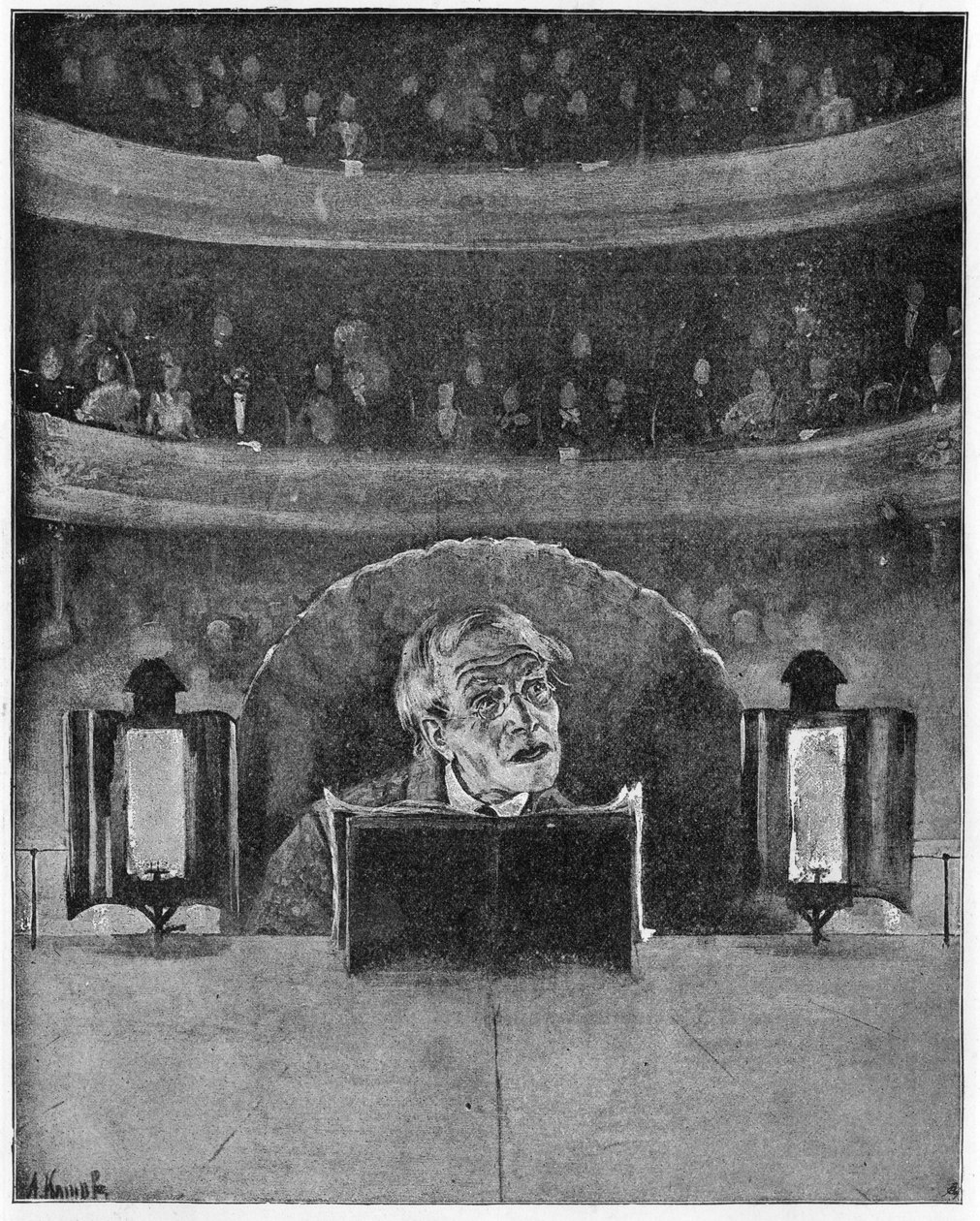 Hvordan en skuespiller ser sitt publikum og suffleren, ca. 1890 av A. Kamak