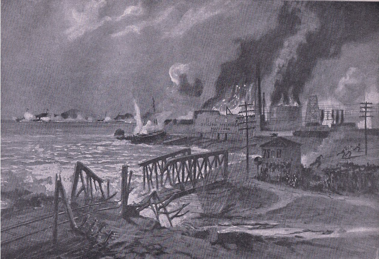 Ødeleggelse av et verft i Bari (Italia) av østerriksk-ungarske torpedo-destroyere, fra puben The Illustrated History of the World War 1914-1915. av Union Berlagsefellfchaft av A. Kircher