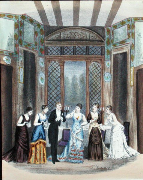 Scene fra en operette, ca. 1870-80 (farge litho) av A. Lamy