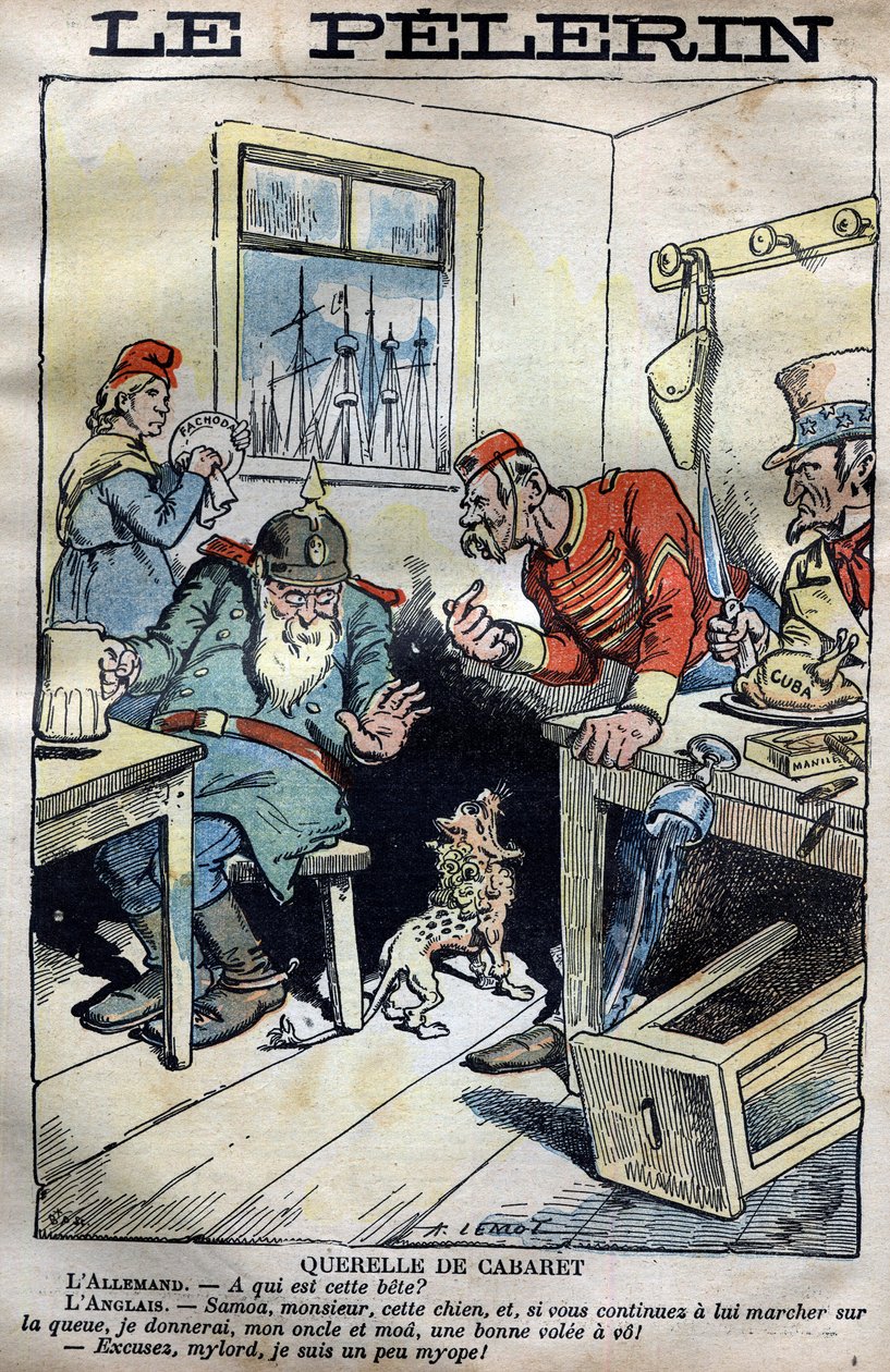 Cabaret Querelle: Cartoon about the colonial wars between England, Germany, France and the United States around the situation in Fachoda in Africa. Engraving by Lemot in “” le Pelerin”” of 23 April 1899 (The Fachoda crisis: serious diplomatic incident betw av A Lemot