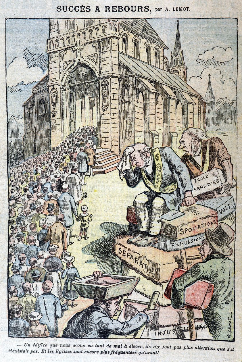 Nedtellingssuksess: skoler uten gud, ran, utkastelser, separasjon ... "Og kirkene er enda mer overfylte enn før!" - Tegneserie mot antiklerikalisme av Lemot, i "" Le Pelerin"" av 11.04.1909 av A Lemot