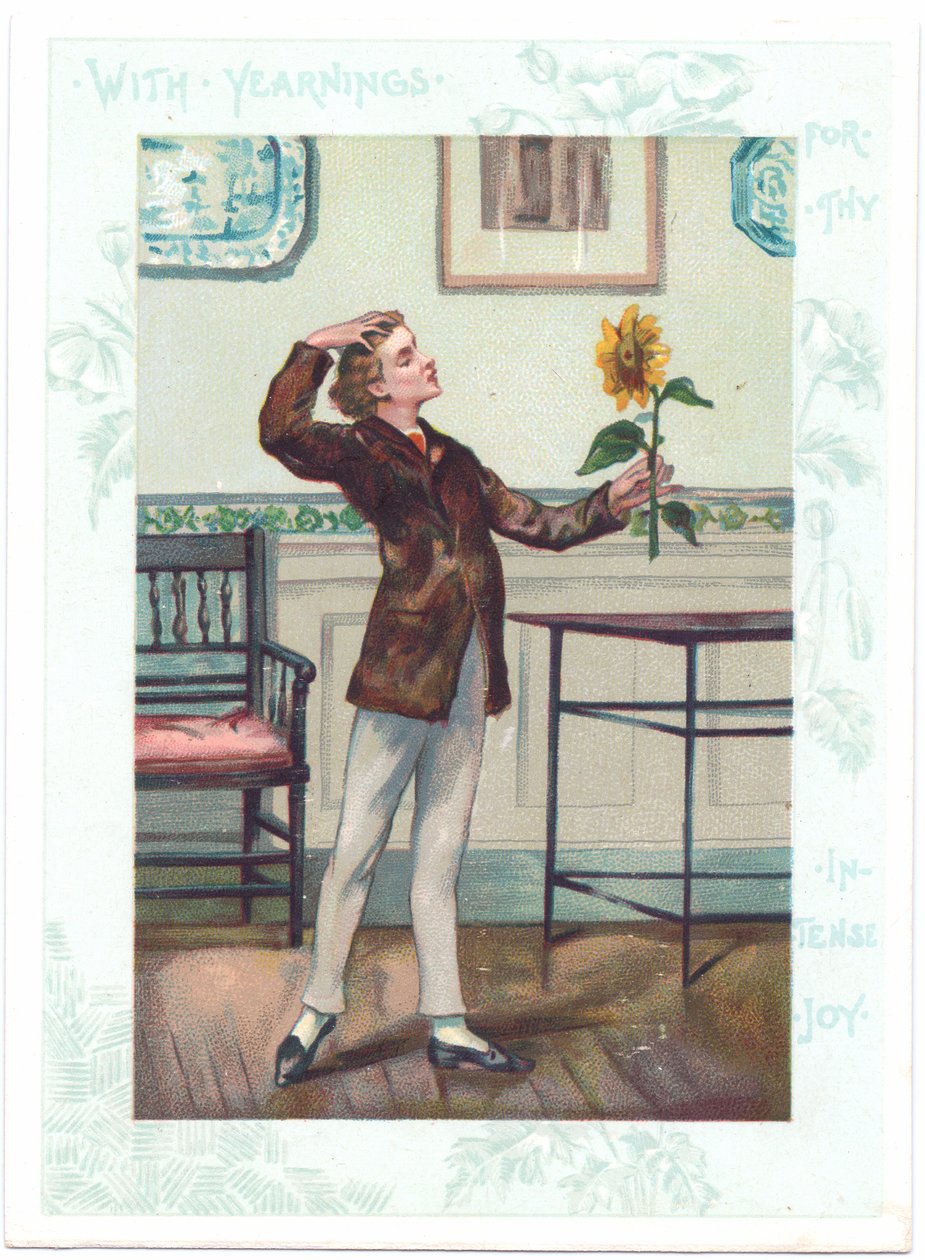 Blomsterbetrakteren viktoriansk gratulasjonskort av en estetiker som elsker en solsikke i ektasy, ca. 1881 (farge litho) av A. Ludovici