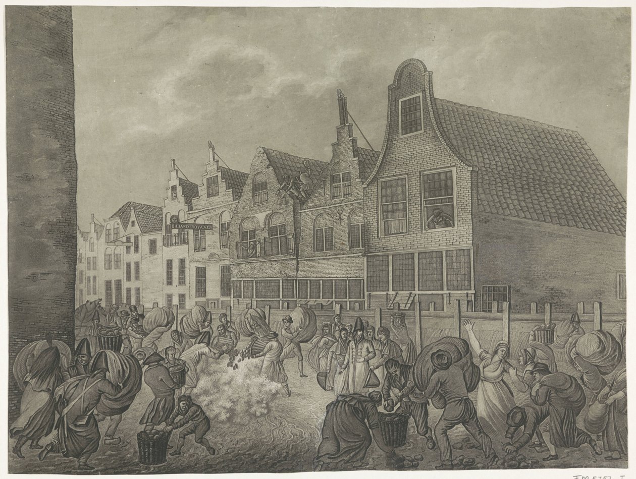 Kollaps av forskalingen langs Kortendijk i Gorinchem, 1809 Fire plater av flommen i 1809 dedikert til kong Louis Napoleon (serietittel) av A. Lutz