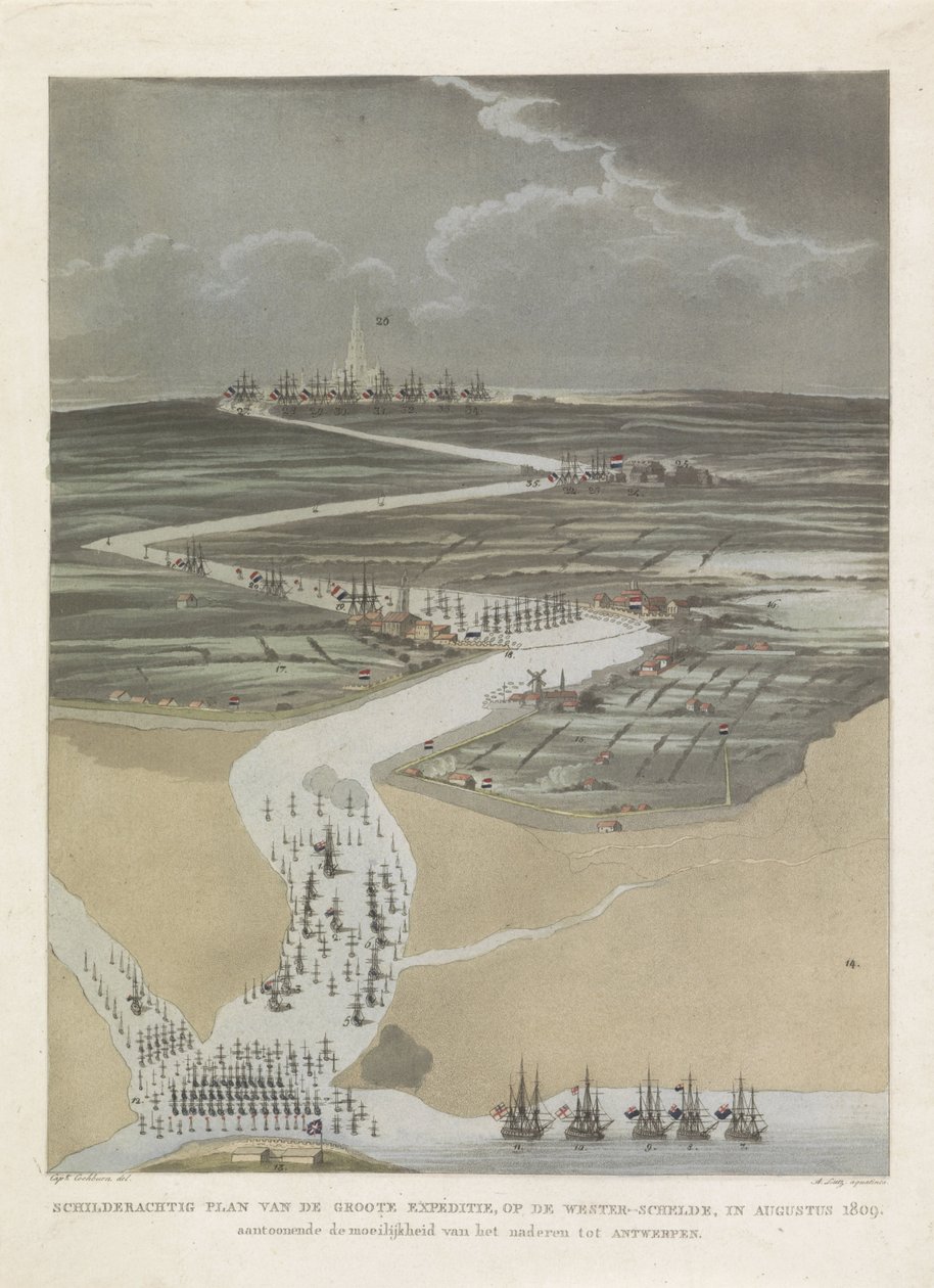Britisk ekspedisjon til Antwerpen, 1809 Pittoresk plan av den store ekspedisjonen, på den vestlige Schelde, i august 1809. som viser vanskeligheten med å nærme seg Antwerpen (tittel på objekt) av A. Lutz