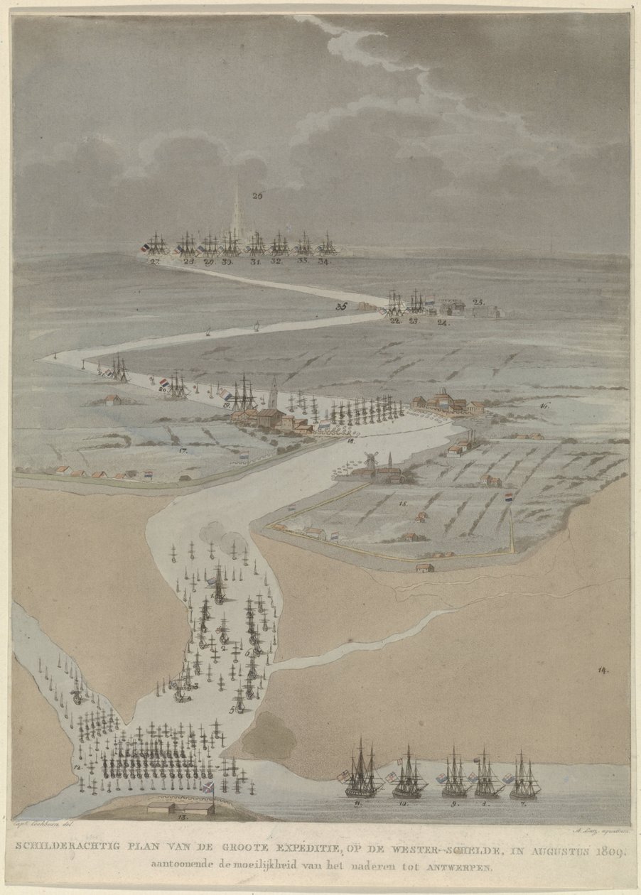 Fugleperspektiv av den vestlige Schelde med engelske, nederlandske og franske flåter, 1809 Pittoresk plan av den store ekspedisjonen, på den vestlige Schelde i august 1809 (tittel på objekt) av A. Lutz