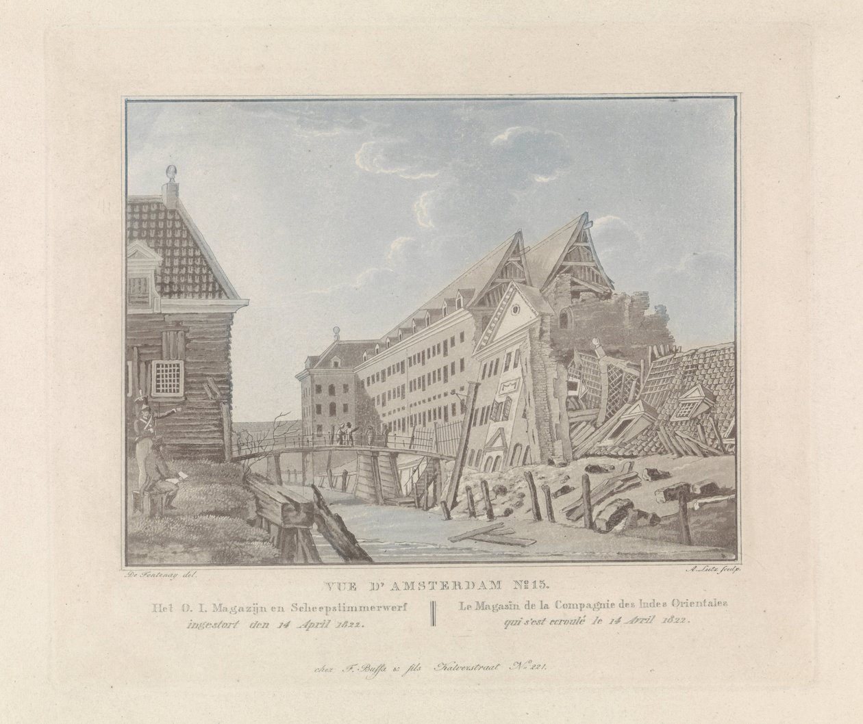 Utsikt over det kollapsede East Indies Sea Warehouse i Amsterdam, 1822 O.I. Lager og verft / Le Magasin de la Compagnie des Indes Orientales (tittel på objekt) Utsikt over Amsterdam (serietittel) av A. Lutz