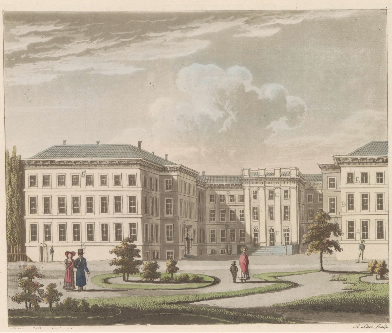 Noordeinde-palasset i Haag, 1810-1825 Le Palais royal à La Haye, vu du jardin / Det kongelige palass i Haag, sett fra hagesiden (tittel på objekt) av A. Lutz