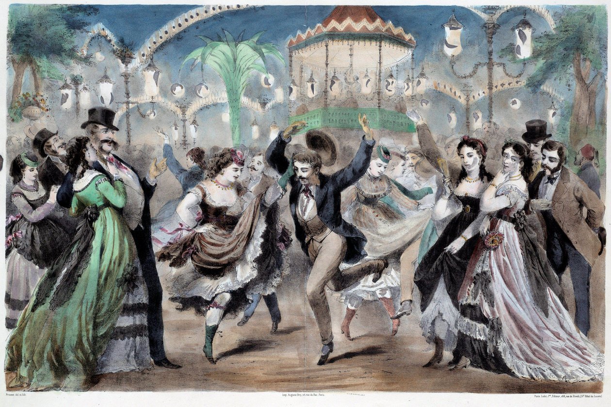 Mabille Scene danseball. Litografi av A. Provost (aktiv rundt 1834-1855) Paris, Musee Carnavalet av A Provost