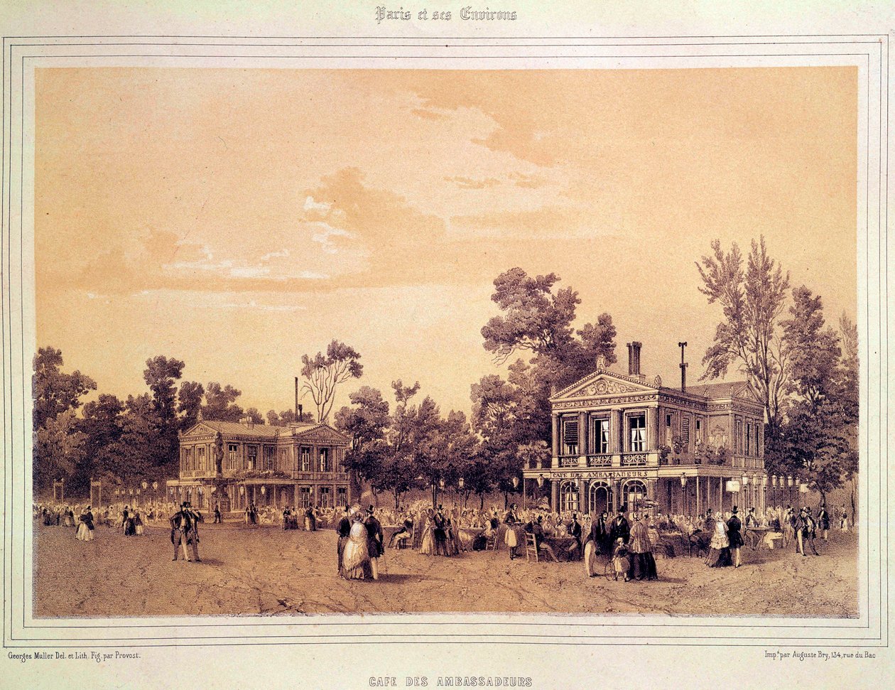 Utsikt over Cafe des Ambassadeurs på Champs Elysees i Paris Litografi av A. provost (aktiv rundt 1834-1855) Paris, Musee Carnavalet av A Provost